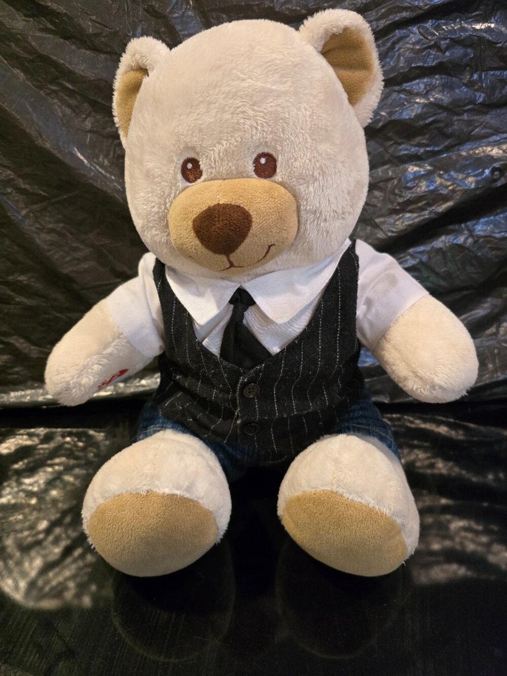 Build-a-Bear Teddy Plush Tan Black Vest Tie Blue Jeans White Shirt 12"